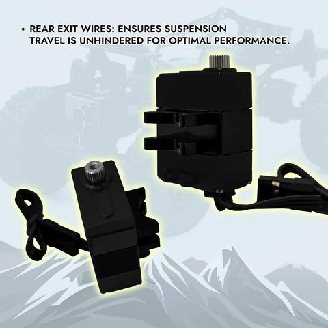 Black High Torque Micro Servo 5.0V - 8.4V with CNC Servo Mounts & Arms, visible rear exit wires for RC Car Crawler Axial SCX24.