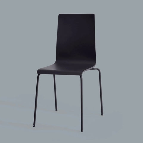 Black modern dining chair on gray background, featuring minimalist design with four slender legs and smoothly contoured seat and back.