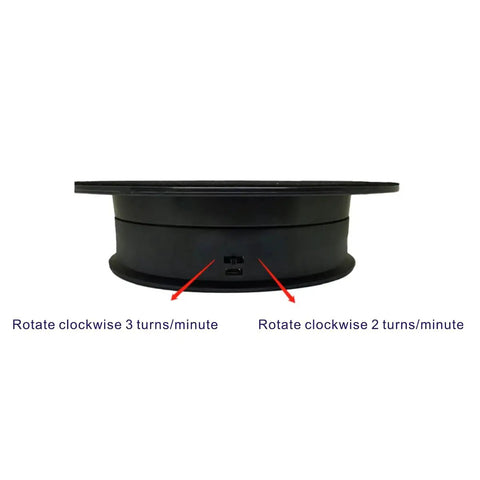 Side view of Motorized Rotating Display Stand With 8 Inch Mirror Surface showing speed settings for 2 and 3 turns/min rotations.