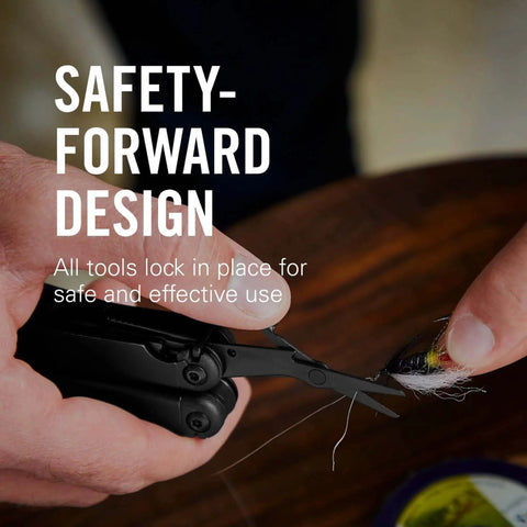 Using the Wave Plus 18 In 1 Full Size Versatile Multi Tool to cut thin rope, showcasing black stainless steel scissors in action.