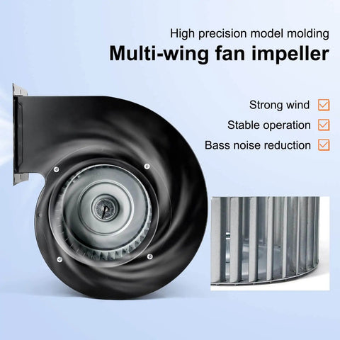 Universal Furnace Blower Fan Replacement For Dayton 1TDT8 5C508 Century 9459 JE2J047NS JEJ047 115V 50 60Hz Easy Install Plug And Play And Quiet Performance For HVAC Systems Criditpid in side view showing multi-wing fan impeller for HVAC systems.