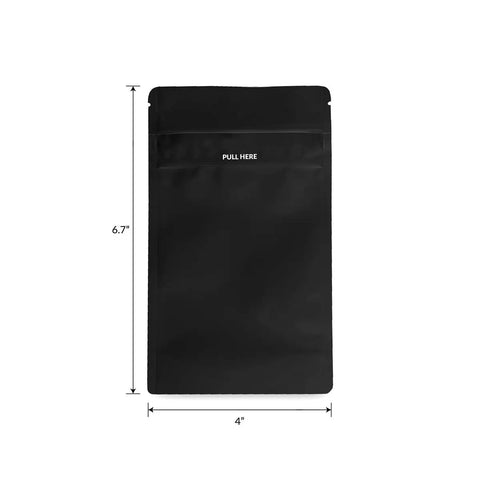 1000 Count All Black Mylar Bags, 6.7 By 4 Inches, Kid-Proof Resealable Food Storage Bags displayed with measurement