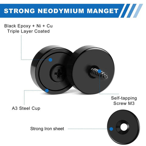 Neodymium Cabinet Magnets 20 Lb Holding Power 12 Pack With Holes And Iron Sheet Screws Included Black 0.63x0.19 Inch Display