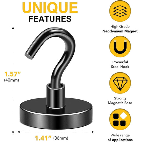 Black Magnetic Hooks, 170 LB Heavy Duty Strong Magnets with Hooks Rare Earth Neodymium Fridge Magnet for Grill Hanging Cruise Cabins Ship Essentials 12 Packs