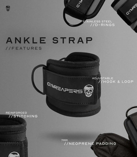 Ankle Straps For Cable Machines With Neoprene Padding, featuring adjustable hook and loop, stainless steel D-rings, reinforced stitching.