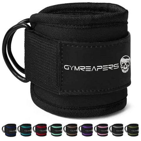 Black adjustable ankle straps with neoprene padding for cable machine workouts, featuring steel D-rings and logo, ideal for glute kickbacks.