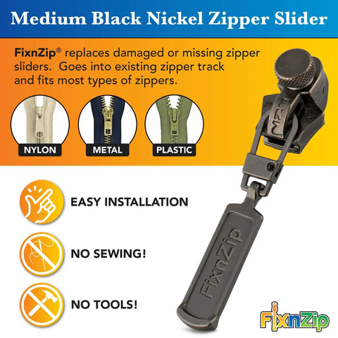 Medium Black Nickel Zipper Repair Kit That Fixes Jackets Sleeping Bags Tents And Duffel Bags With No Sew Slider Replacement Universal Tool For Instant Reusable Zipper Repair Sizes 5 To 7 By FixNZip displayed with installation icons and zipper types.