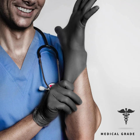 Man wearing Black Nitrile Disposable Gloves 4.5 Mil Powder Free Latex Free Food Safe Exam with medical uniform and stethoscope.