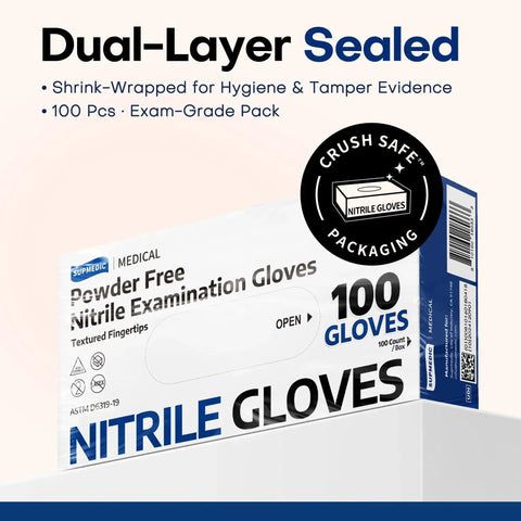 Box of Black Nitrile Exam Gloves 100 Count Powder Free Latex Free Chemical Resistant with dual-layer sealed packaging.