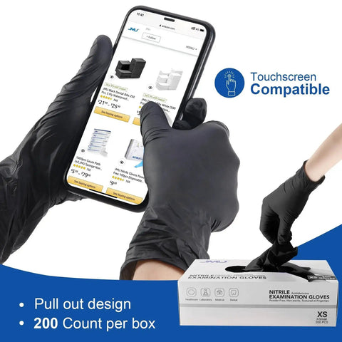 Black Nitrile Exam Gloves 3.5 Mil 1200 Textured Grip Latex Free Powder Free used with a smartphone; 200-count box shown
