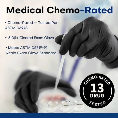 Black Nitrile Exam Gloves 100 Count Powder Free Latex Free Chemical Resistant used for medical testing with pipette.