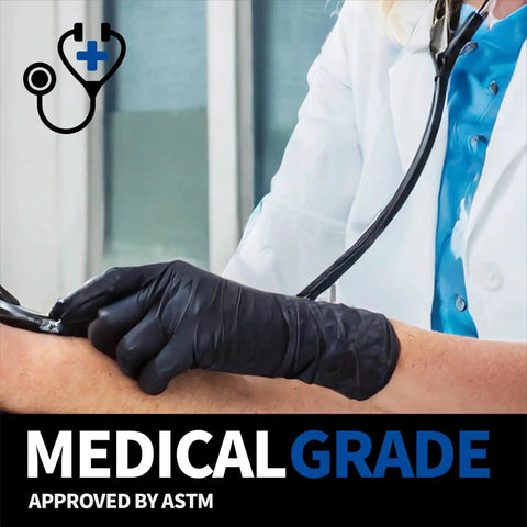 Doctor wearing Black Nitrile Exam Gloves 100 Count Powder Free Latex Free Chemical Resistant for medical use