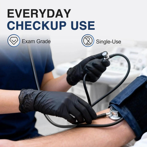 Person wearing Black Nitrile Exam Gloves Box Of 100 Latex Free Powder Free Disposable Medical using a stethoscope.