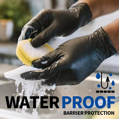 Hands wearing Black Nitrile Exam Gloves 100 Count Powder Free Latex Free Chemical Resistant washing dishes with a sponge.