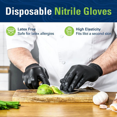 Black Nitrile Gloves Disposable Latex Free Powder Free Food Safe For Cooking being used to chop avocado