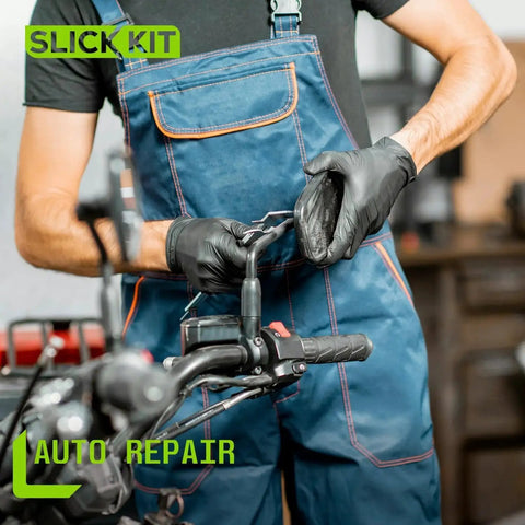 Mechanic wearing Nitrile Disposable Gloves 4 Mil Latex Free Powder Free Black XL 100 Count working on a motorcycle handle