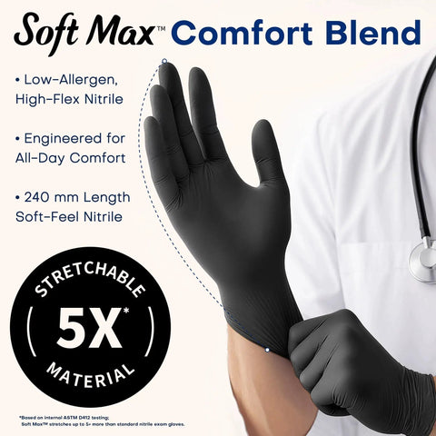 Person wearing Black Nitrile Exam Gloves 100 Count Powder Free Latex Free Chemical Resistant, showing flexibility and comfort.