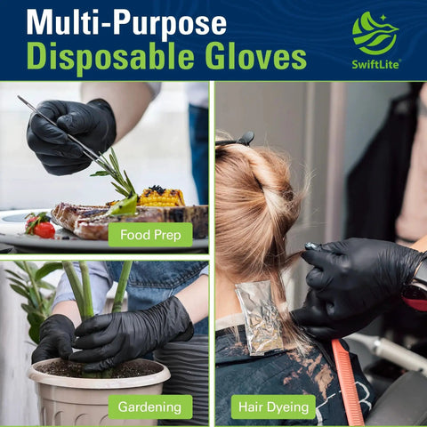 Multi-purpose Black Nitrile Gloves used for food prep, gardening, and hair dyeing shown in collage.