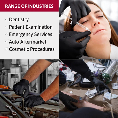 Black Nitrile Exam Gloves 4.3 Mil Medium Textured For Grip Auto Tattoo Catering used in various industries.
