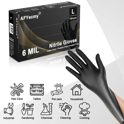 Black 6 Mil Nitrile Gloves Powder Free Chemical Resistant Large 100 Count box with glove; industrial and household icons displayed