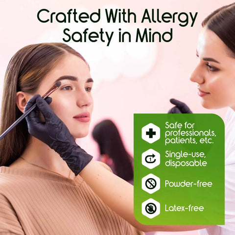 Makeup artist using Heavy Duty Black Nitrile Gloves 6 Mil Chemical Resistant Disposable For Medical Laboratory And Industrial Use.