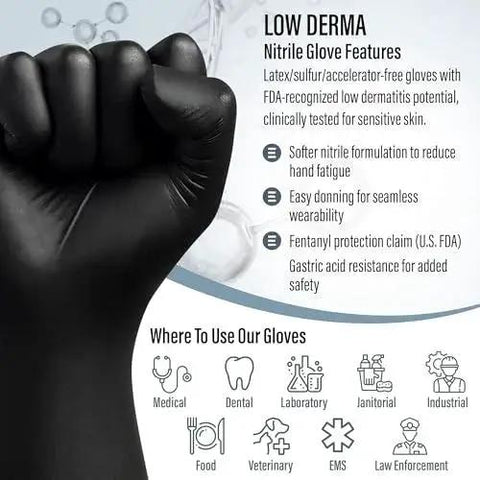Black Nitrile Gloves 7 Mil Duty Powder Free Latex Free Puncture Resistant Large with glove features and usage icons
