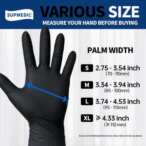 Black Nitrile Exam Gloves 100 Count Powder Free Latex Free Chemical Resistant size chart with hand in glove