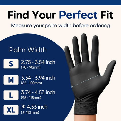 Black Nitrile Exam Gloves 100 Count Powder Free Latex Free Chemical Resistant size chart with a hand displaying glove fit.