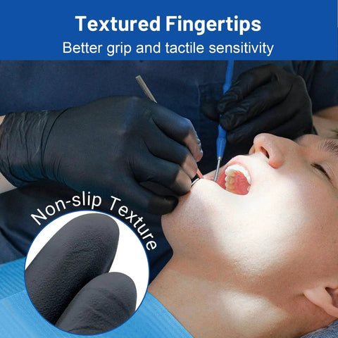 Black Nitrile Exam Gloves 3.5 Mil 1200 Textured Grip Latex Free Powder Free used by dentist for better grip