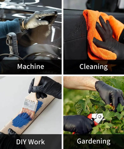 Multiple uses of Six Mil Black Nitrile Gloves Textured Grip Latex Free Powder Free XL 100 Count in machine work, cleaning, DIY, and gardening.
