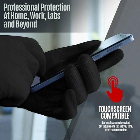 8 Mil Powder Free Nitrile Diamond Textured Gloves Heavy Duty XL 100 Pack in use while operating a smartphone, showcasing its touchscreen compatibility.