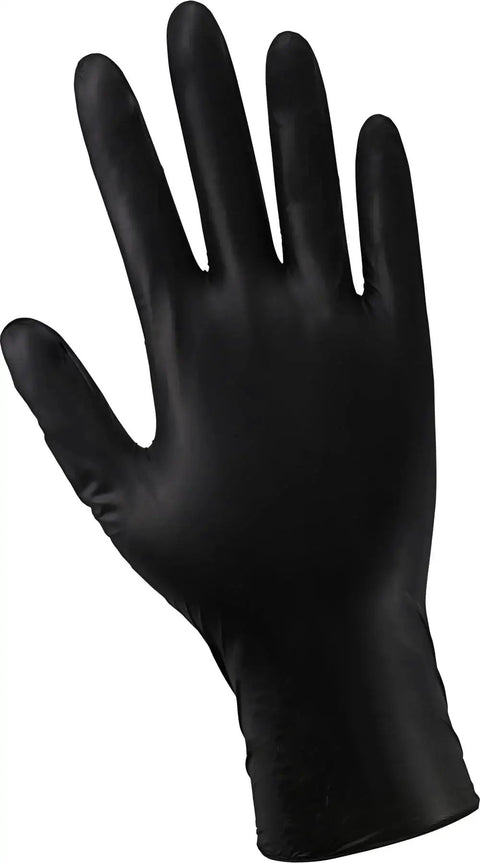 Gloved hand wearing Industrial Grade Powder Free Disposable Gloves Nitrile Vinyl Blend Black Large