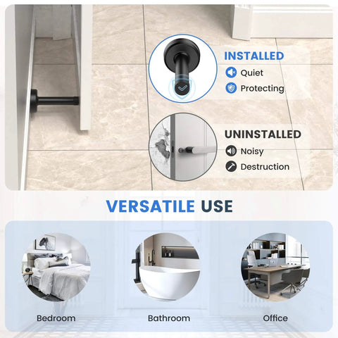 Installed and uninstalled views of 2 Pack No Drilling Door Stoppers With Rubber Padded Tips For Wall Protection, in bedroom, bathroom, and office settings.