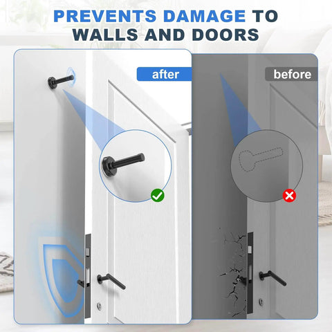 2 Pack No Drilling Door Stoppers With Rubber Padded Tips For Wall Protection, 304 Stainless Steel Sound Dampening Door Stops For Top And Bottom Of Doors, Easy 3M Adhesive Install Or Optional Screws, Black, showing installation difference with door and wall protection.