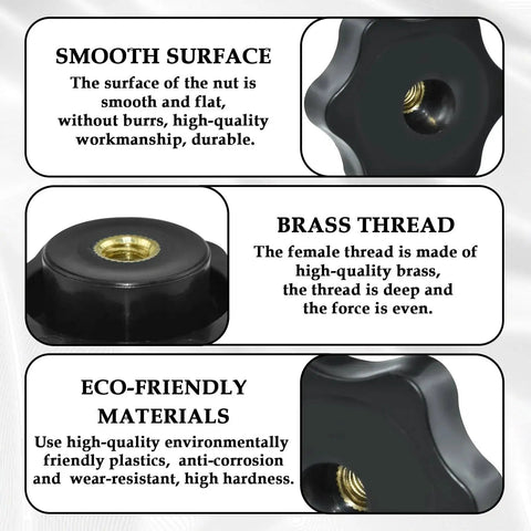 Black Nylon 1/4-20 Inch Hand Tightening Clamping Knobs With Brass Inserts Screw-On Thru Threaded 6-Star Knob Nuts features