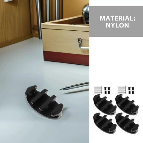 Front view: four black nylon boat cleats with screws; marine-grade deck hardware for kayak, canoe, and small boats