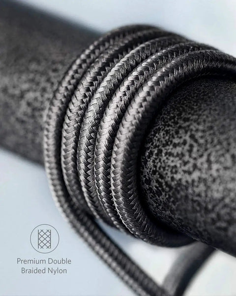 Close-up of USB C To USB C Cable 60W Fast Charging Nylon Braided 6 Ft 2 Pack showing reinforced black nylon texture