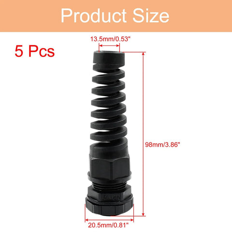 Five Pack NPT Half Inch Cable Glands With Strain Relief IP68 Waterproof Cable Gland With Adjustable Locknut For Six To Twelve Millimeter Wire Diameter Range Built Tough shown standing with dimensions