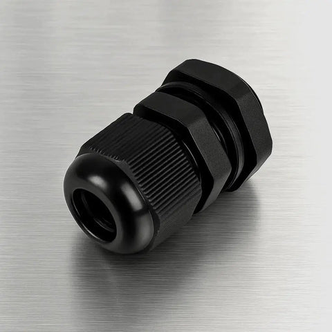 Half Inch NPT Strain Relief Nylon Cord Grip Cable Gland Black Plastic Grommet for 6-12 mm cables, on metal surface