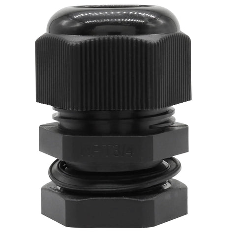 Close-up view of Three Quarter Inch NPT Cable Gland Kit Waterproof Black Nylon Adjustable Strain Relief Cord Grip with gasket and lock nut.