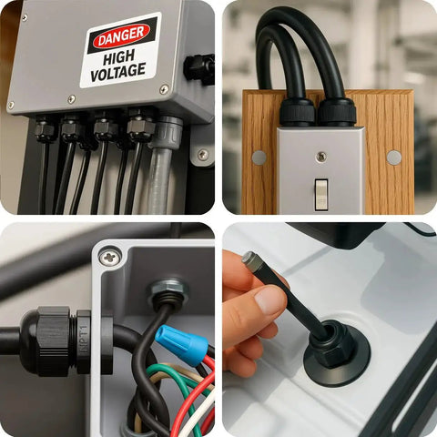 Half Inch NPT Strain Relief Nylon Cord Grip Cable Gland Black Plastic Grommet installed on panels and electrical equipment