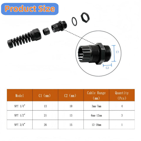 Eight Piece Black Nylon IP68 Waterproof Cable Gland Set With Gaskets And Spiral Flexible Joint Locknut For Cables NPT One Quarter Inch, NPT One Half Inch, And NPT Three Quarter Inch Adjustable Strain Relief Connectors shown with size chart.