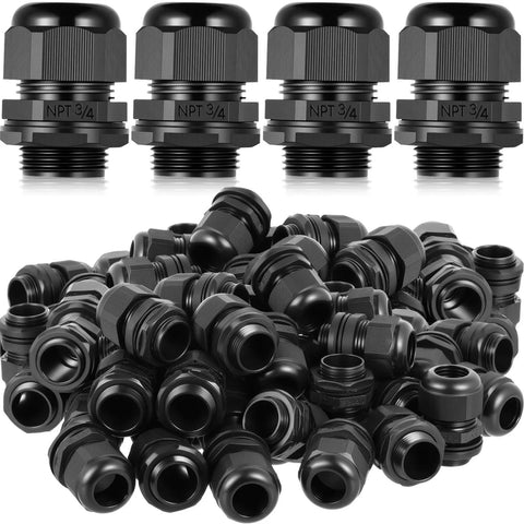 200 Pack Half Inch NPT Black Nylon Cable Glands IP68 Waterproof Adjustable Locknut For Cable Diameters