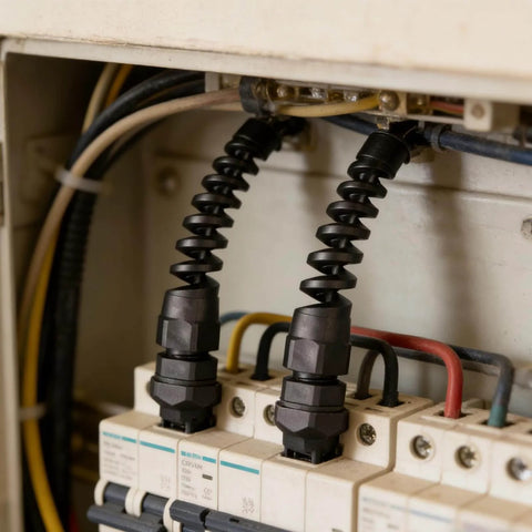 Two PG7 waterproof cable glands installed on an electrical panel providing strain relief for wires. 30 Pack PG7 Waterproof Cable Glands For 3mm To 6.5mm Wire Grommets Strain Relief Cord Connectors Black Nylon Joint With Adjustable Lock Nut And Spiral Protective Sleeve For Easy DIY Setups included.