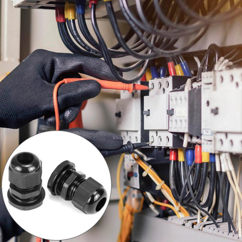 Technician using 1/2 Inch NPT Nylon Cord Grip Cable Glands Waterproof IP68 Strain Relief Pack Of 20 Black for electrical wiring installation