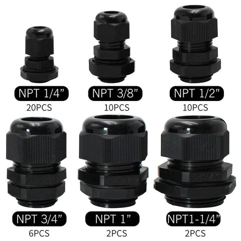 Heavy Duty Cord Grip Cable Glands Kit For Electrical Boxes NPT Waterproof Nylon Strain Relief Set shown in various sizes.