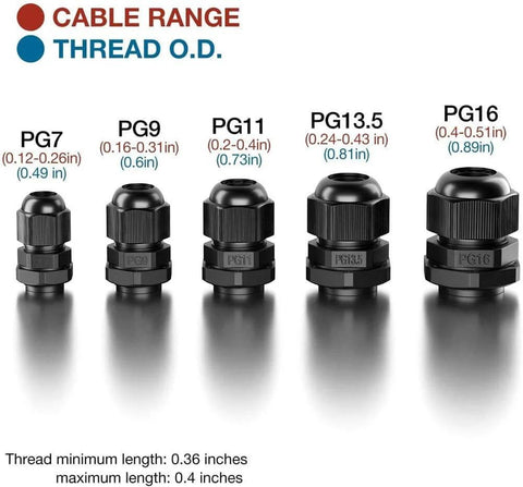 All In One 25 Pack Waterproof Nylon Cable Glands Kit Fits PG7 PG9 PG11 PG13.5 And PG16 Wire Seals For Outdoor Lighting