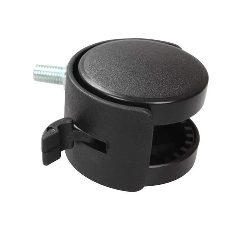 Eight Pack 1.5 Inch Black Nylon Plastic Castor Replacement Wheels For Furniture With 5/16 Inch Threaded Stem And Brake, side view