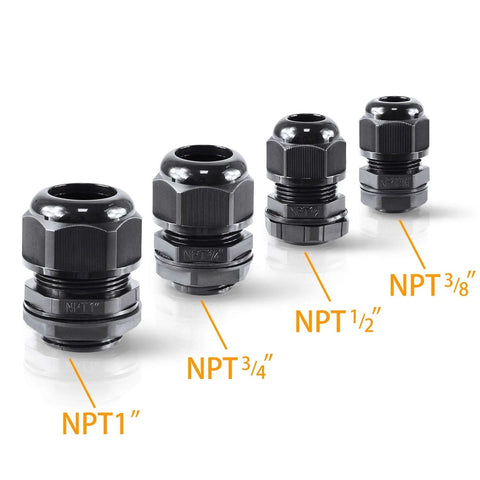 Ten Pack Half Inch IP68 Waterproof Nylon Cord Grips NPT Cable Glands Strain Relief, Adjustable, UL Listed, RoHS Compliant, Black
