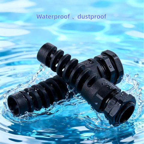 Eight Piece Black Nylon IP68 Waterproof Cable Gland Set With Gaskets And Spiral Flexible Joint Locknut for NPT Cables in water